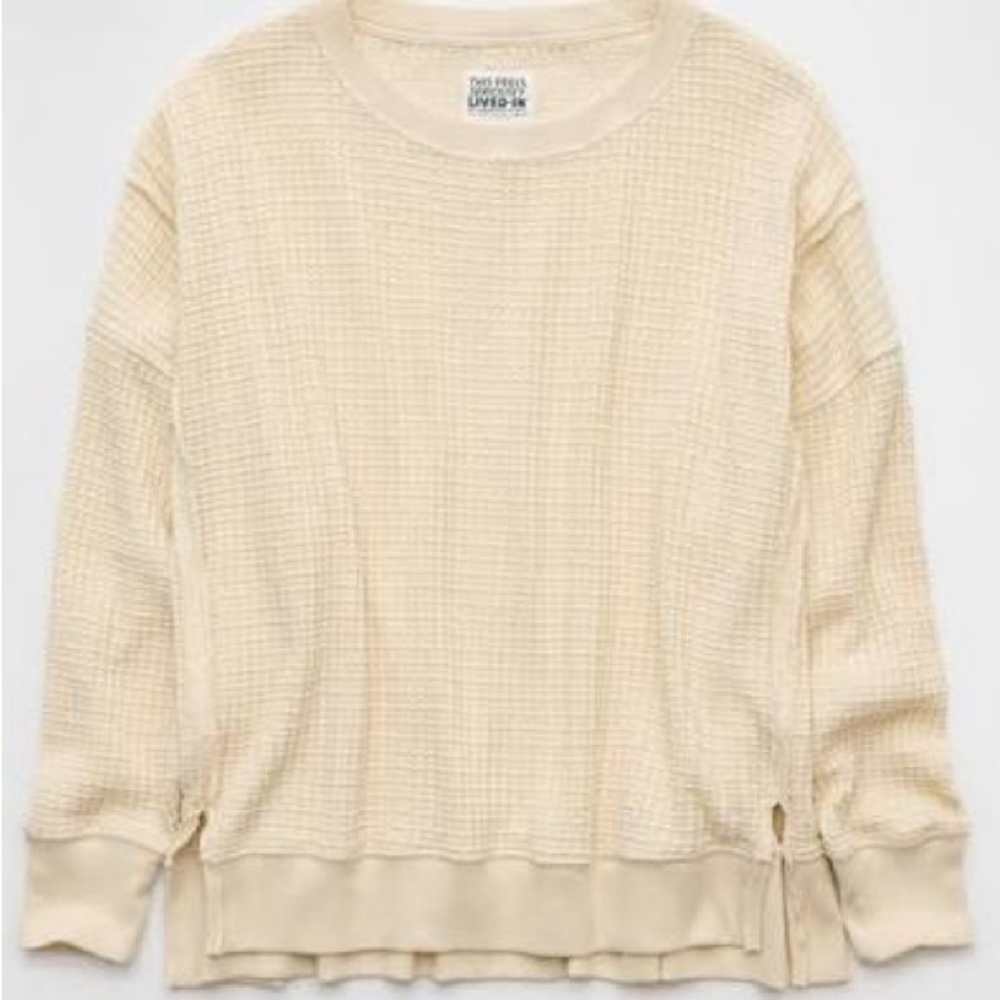American Eagle Cream Big Hug Waffle Crew Neck Sweatshirt xxsmall (oversized fit)